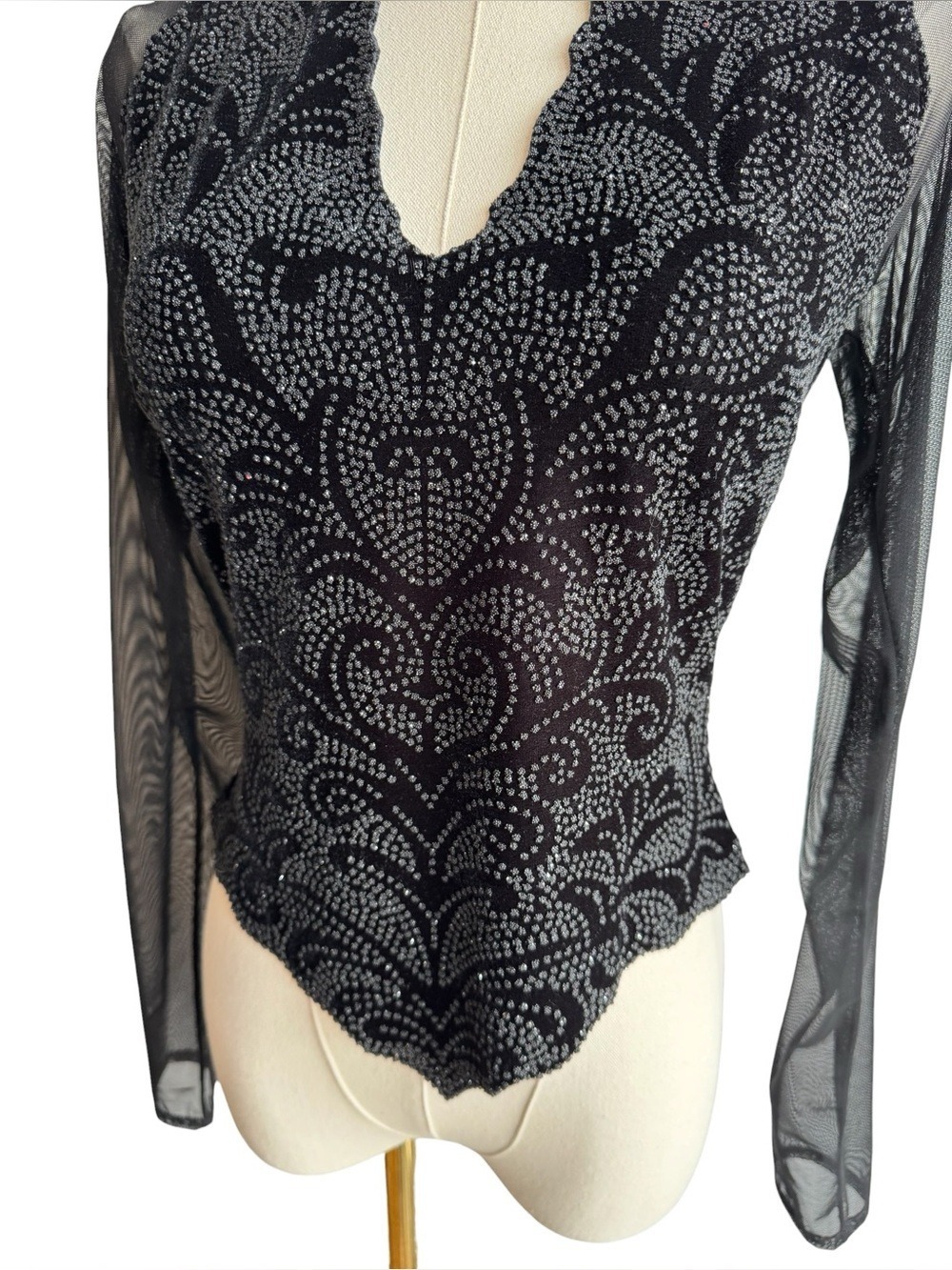 Vintage Y2K Glitter Party Top XS S Black Sheer Mesh Long Sleeve Gothic Glam Edgy